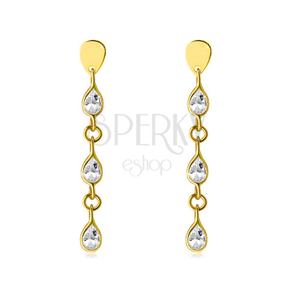 Yellow 14K gold hanging earrings - three glittery zircon tears, studs