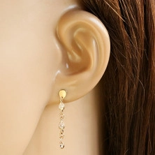 Yellow 14K gold hanging earrings - three glittery zircon tears, studs