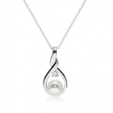 925 silver necklace - contour of twisted tear with a white pearl and a clear zircon in the center