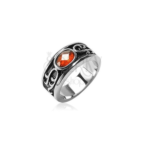 Stainless steel ring - orange rhinestone and ornaments