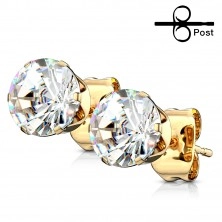 Stainless steel earrings with clear round zircon, gold finish