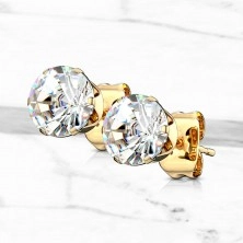 Stainless steel earrings with clear round zircon, gold finish