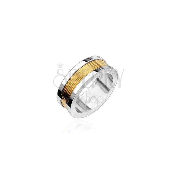 Surgical steel ring with central part in gold colour