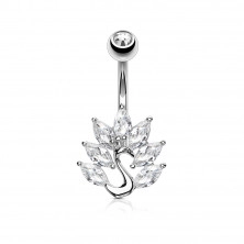 Rhodium plated steel belly button piercing – a peacock with clear zircon tail