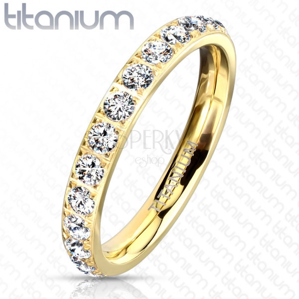A Titanium ring in a golden shade – glittery clear zircons, 3 mm