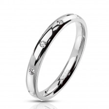Steel silver colour ring – round clear zircons, 3 mm
