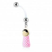 Belly button piercing made of bioflex – steel beads, a swaddled baby