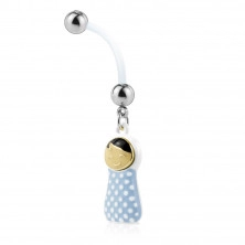 Belly button piercing made of bioflex – steel beads, a swaddled baby