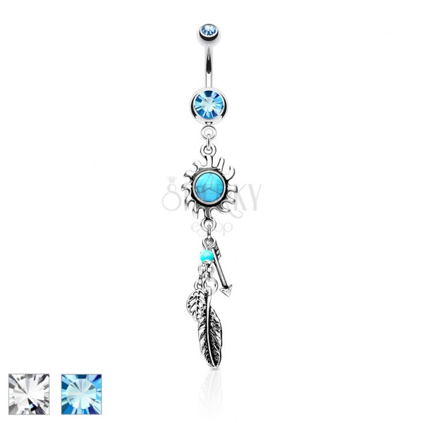 Steel belly button piercing – glittery zircons, sun with turquoise centre, an arrow, a feather, leaves