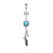 Steel belly button piercing – glittery zircons, sun with turquoise centre, an arrow, a feather, leaves