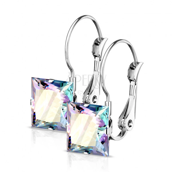 Steel earrings with a rainbow zircon – square shaped, silver colour