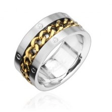 Stainless steel ring with gold-plated chain