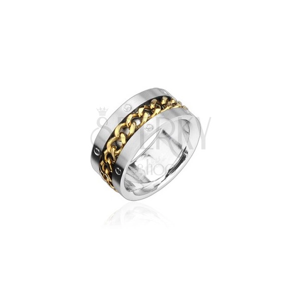 Stainless steel ring with gold-plated chain