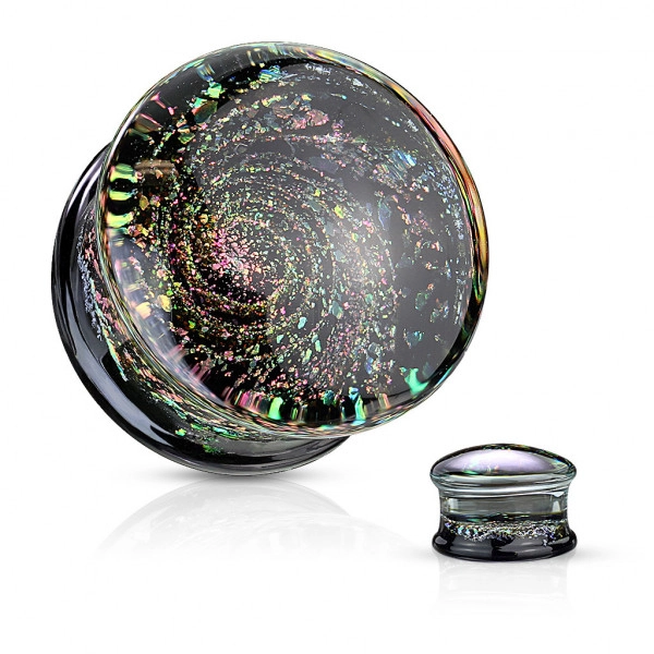Glass ear plug – black bottom part with multicoloured glitter, space motif