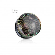 Glass ear plug – black bottom part with multicoloured glitter, space motif