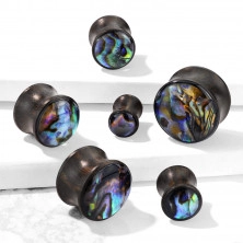 Wooden ear plug – black-brown colour, clear glaze with multicoloured background