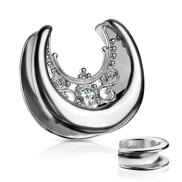 Steel ear plug in a silver colour – zircon teardrop, ornaments