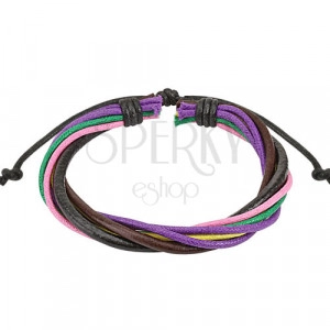 Multi-bracelet – two leather straps, yellow, purple, green and pink braided string