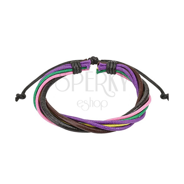 Multi-bracelet – two leather straps, yellow, purple, green and pink braided string