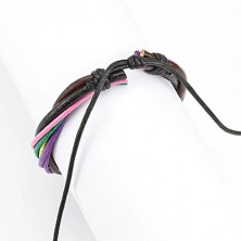 Multi-bracelet – two leather straps, yellow, purple, green and pink braided string