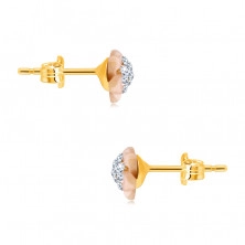 Golden 14K earrings – flower with Swarovski crystals, pink mother-of-pearl petals, studs