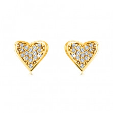 14K Golden earrings – heart paved with tiny round zircons, grips in the shape of dots