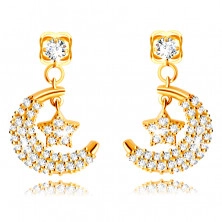 14K Golden earrings – half-moon with a star, adorned with tiny clear zircons, studs