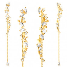 Earrings made of 14K gold – wave-shaped strip with adornments, clear zircons