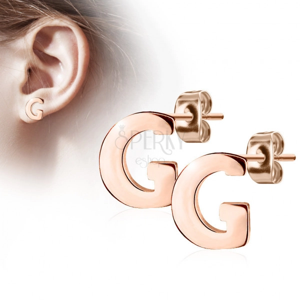 Steel earrings in a copper colour – letter of the alphabet “G”, studs