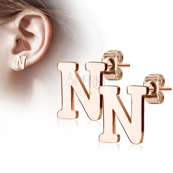 Steel earrings in a copper colour – letter of the alphabet “N”, studs