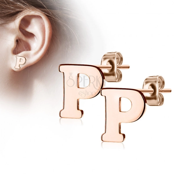 Steel earrings in a copper colour – letter of the alphabet “P”, studs