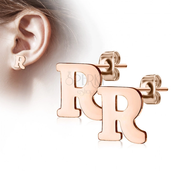 Steel earrings in a copper colour – letter of the alphabet “R”, studs