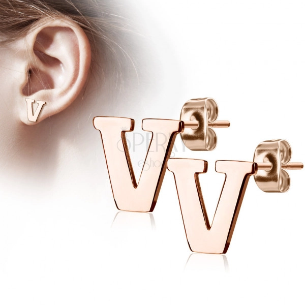 Steel earrings in a copper colour – letter of the alphabet “V”, studs