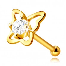 Golden nose piercing in 14K gold – butterfly contour with a round clear zircon, 2,25 mm