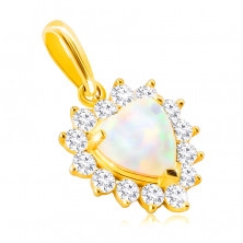 14K Golden pendant – white synthetic heart-shaped opal, edge made of round clear zircons