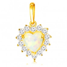 14K Golden pendant – white synthetic heart-shaped opal, edge made of round clear zircons