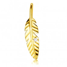 Pendant made of 14K gold – shiny engraved feather, zircon