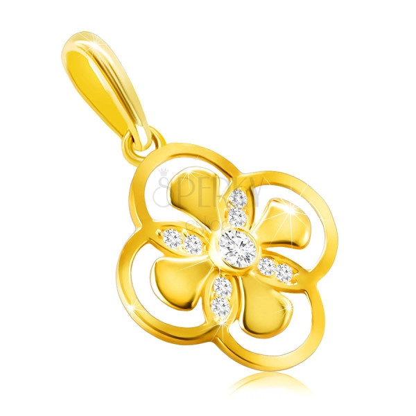 Pendant made of 14K gold – flower with combined petals, zircon in a bezel