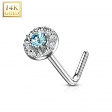 Curved nose piercing in 14K white gold – pale-blue zircon lined with clear zircons