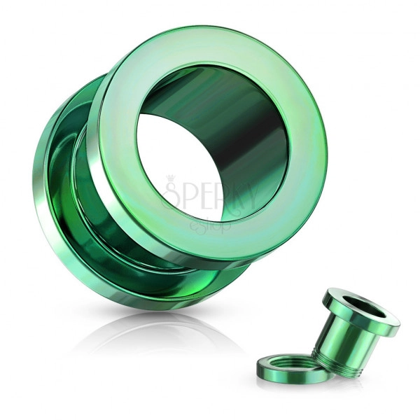 Ear tunnel made of 316L steel – shiny green coloured surface, PVD coating technology