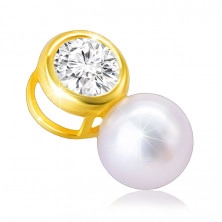 14K Gold pendant – round glittery zircon, smooth white fresh-water pearl
