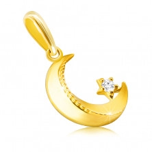14K Golden pendant – moon with a bevelled edges, knurling, tiny round zircon