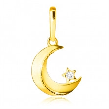 14K Golden pendant – moon with a bevelled edges, knurling, tiny round zircon