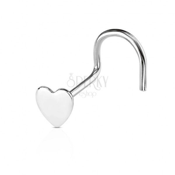 925 silver nose piercing of bent shape - head with motif of heart