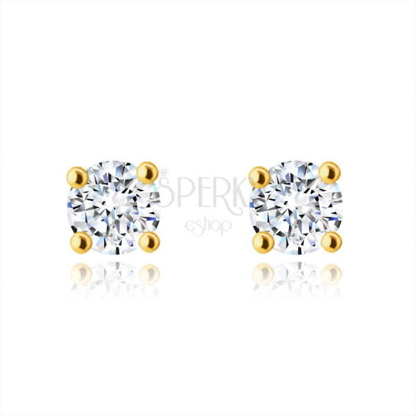 Stud earrings made of 14K gold – glitter round clear zircon held in a four-point mount