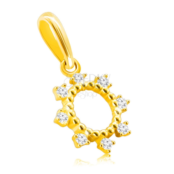 14K Golden pendant – ring with thin prongs, glittery round zircons