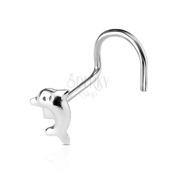 925 silver nose piercing of bent shape - tiny dolphin in leap