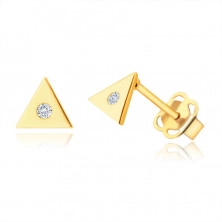 14K Golden earrings – small triangle with a clear zircon in the centre, studs