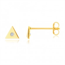 14K Golden earrings – small triangle with a clear zircon in the centre, studs