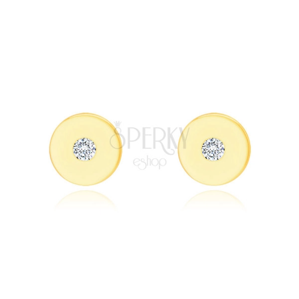Earrings made of 14K yellow gold – flat circle with a clear zircon, shiny and smooth surface